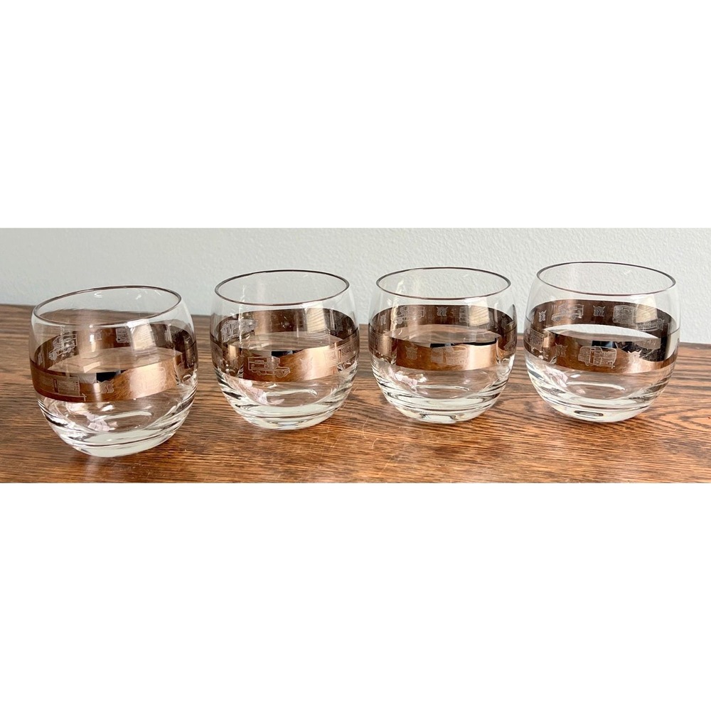 Set of 4 Silver Band Roly Poly Cocktail Glasses with Camper & Caravan Images